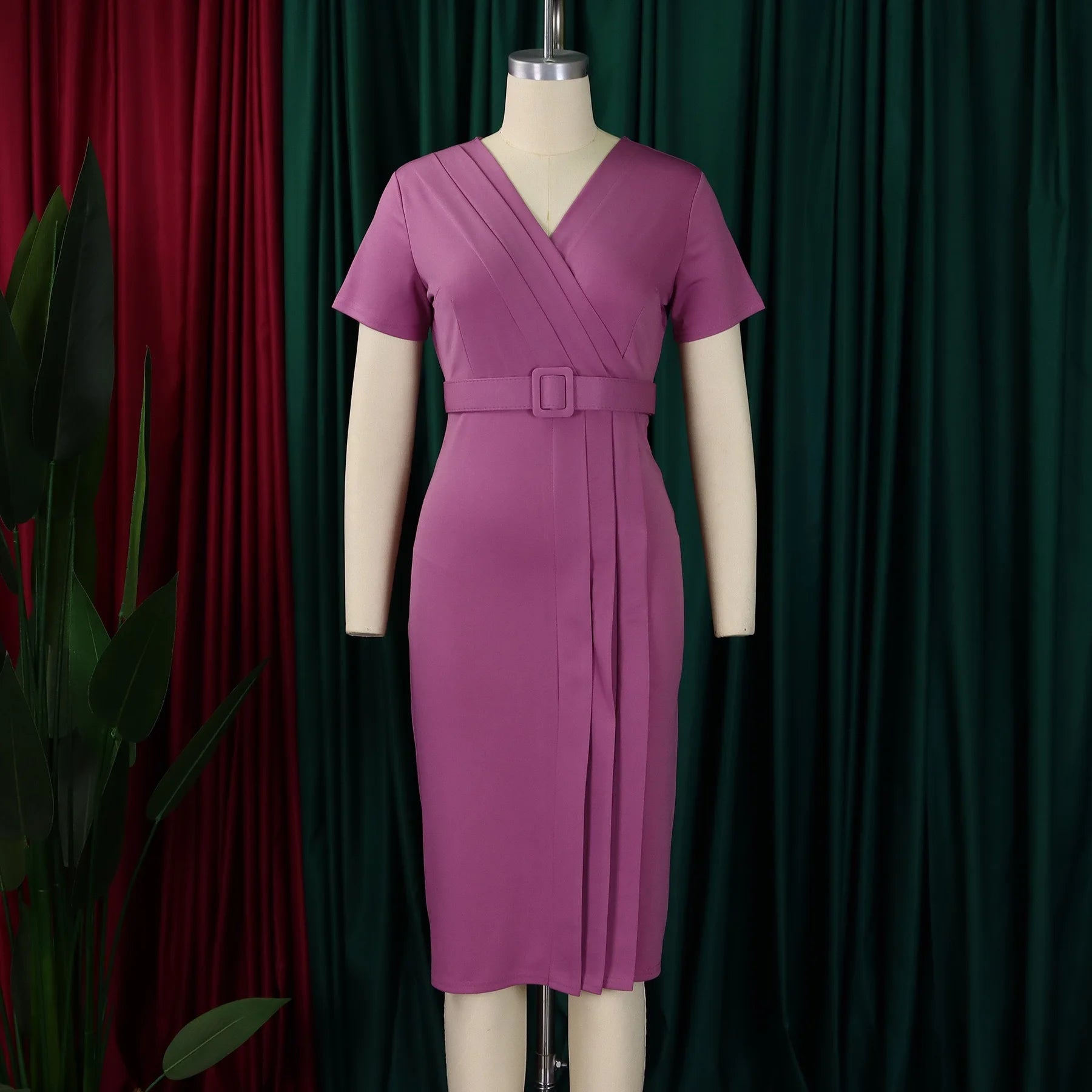 Elegant Office Dresses for Women V Neck Short Sleeve Belt Waisted Pleated Mid Calf Formal Business Work Wear Dress Midi Clothes