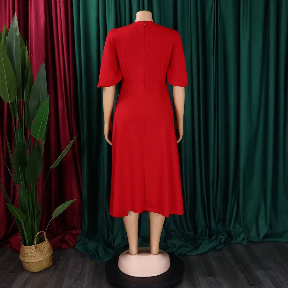 Elegant Office Ladies Dresses O Neck Short Sleeve Sheath Straight Mid Calf Solid Formal Female Business Work Wear Dress Midi New