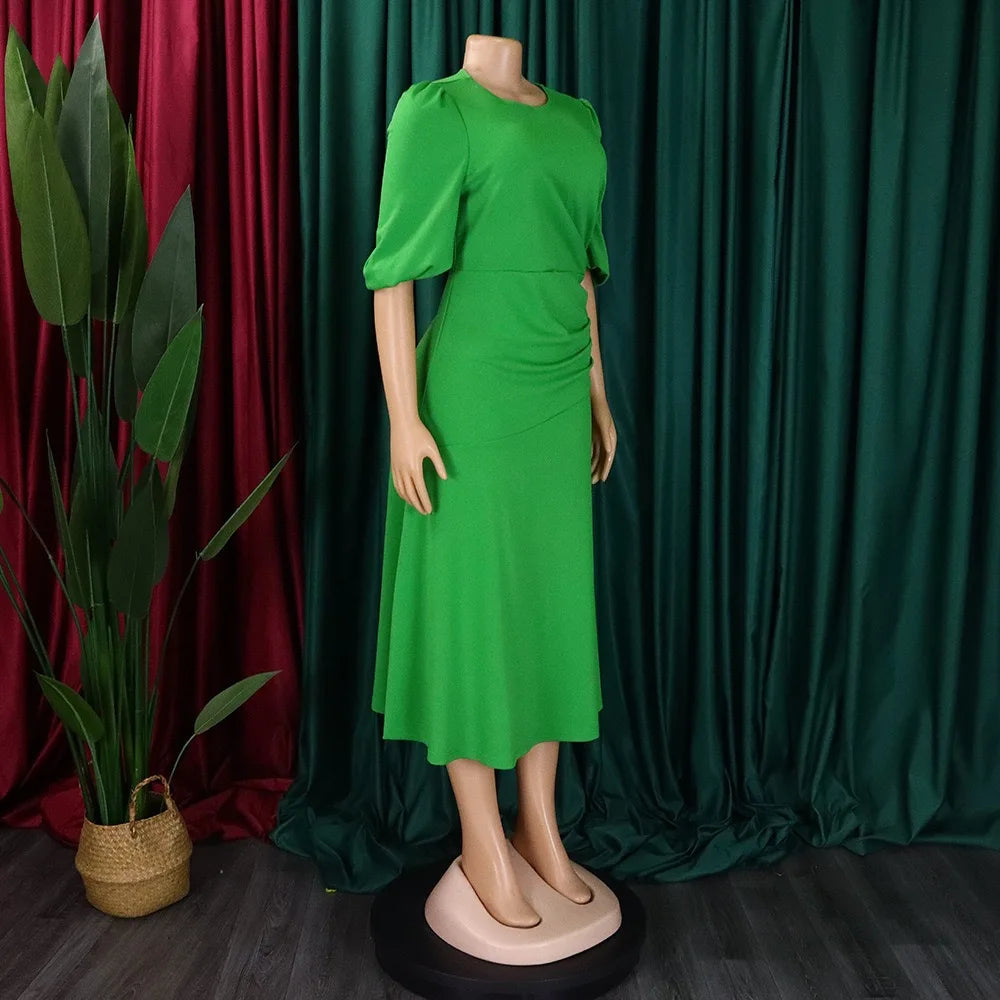 Elegant Office Ladies Dresses O Neck Short Sleeve Sheath Straight Mid Calf Solid Formal Female Business Work Wear Dress Midi New
