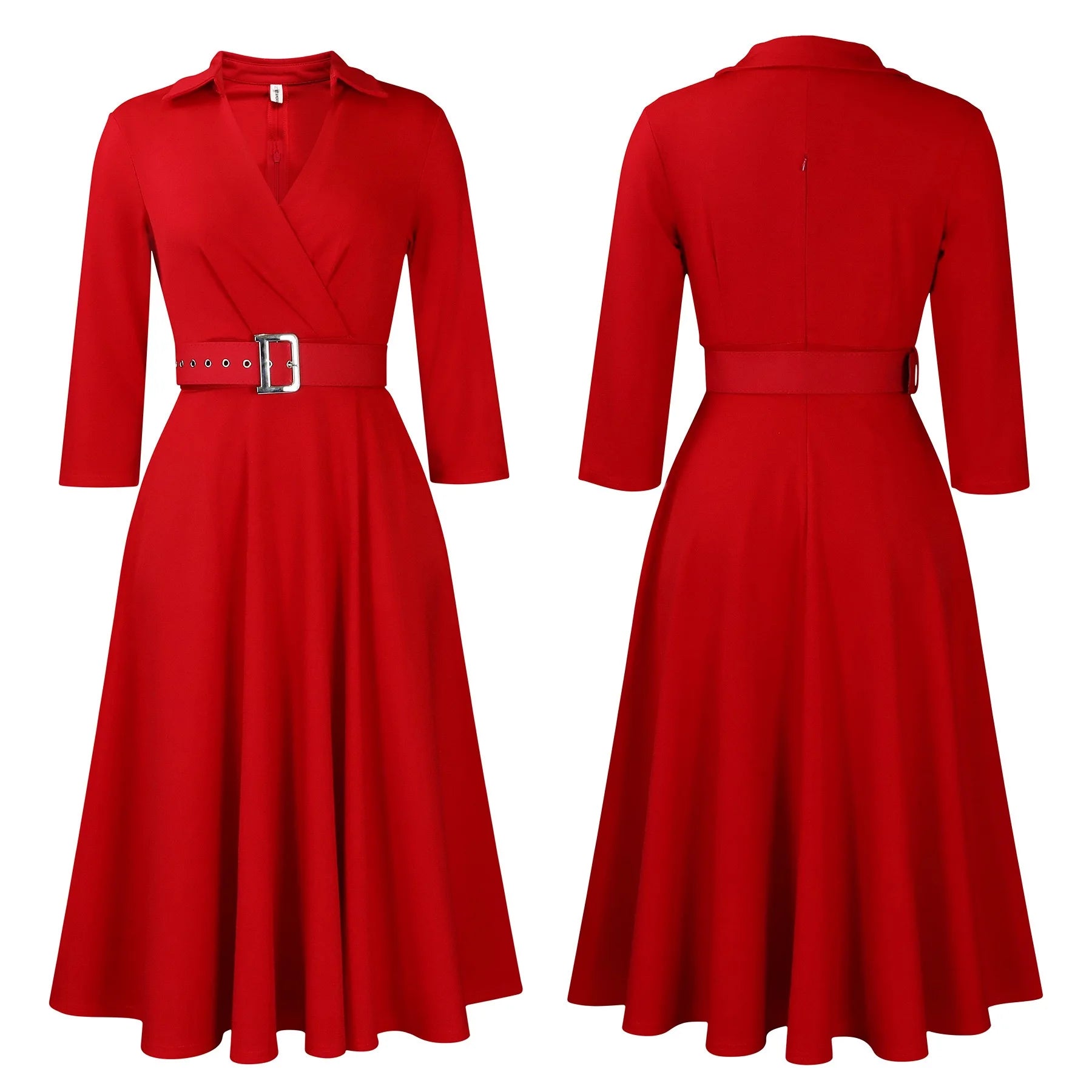 Fashion Office Dresses for Women Turn Down Collar V Neck Belt Waisted Pleated Mid Calf Elegant African Business Work Dress Cloth
