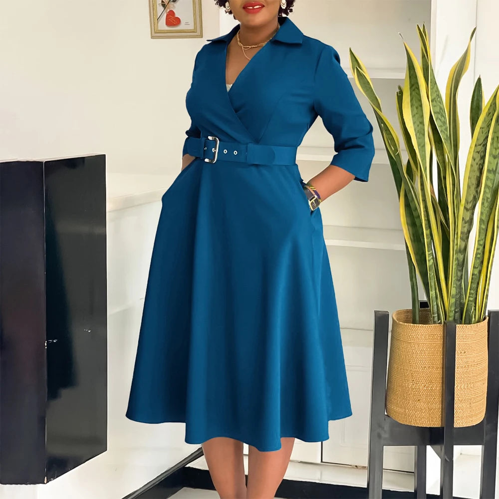 Fashion Office Dresses for Women Turn Down Collar V Neck Belt Waisted Pleated Mid Calf Elegant African Business Work Dress Cloth