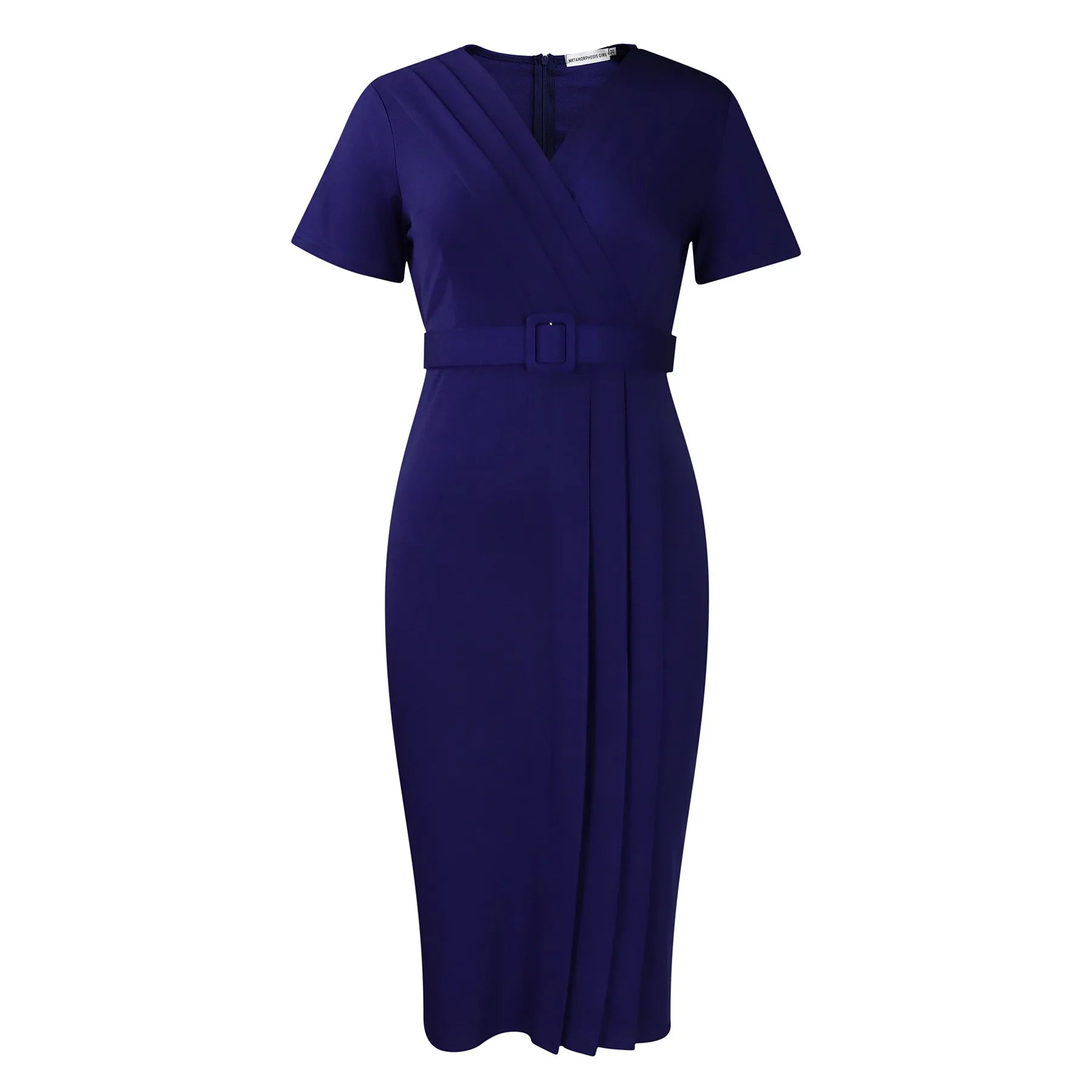 Elegant Office Dresses for Women V Neck Short Sleeve Belt Waisted Pleated Mid Calf Formal Business Work Wear Dress Midi Clothes