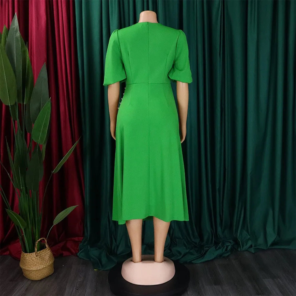 Elegant Office Ladies Dresses O Neck Short Sleeve Sheath Straight Mid Calf Solid Formal Female Business Work Wear Dress Midi New