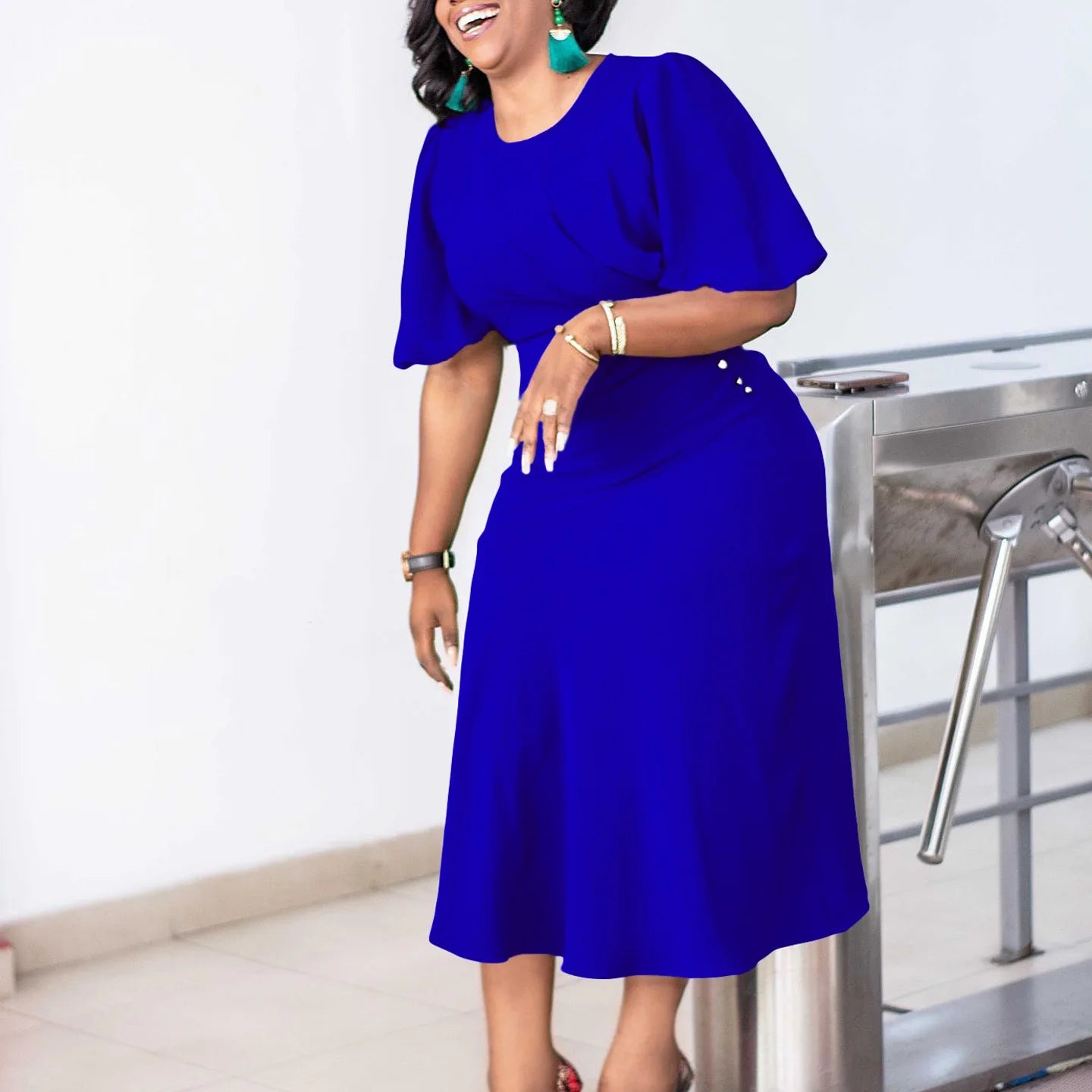 Elegant Office Ladies Dresses O Neck Short Sleeve Sheath Straight Mid Calf Solid Formal Female Business Work Wear Dress Midi New