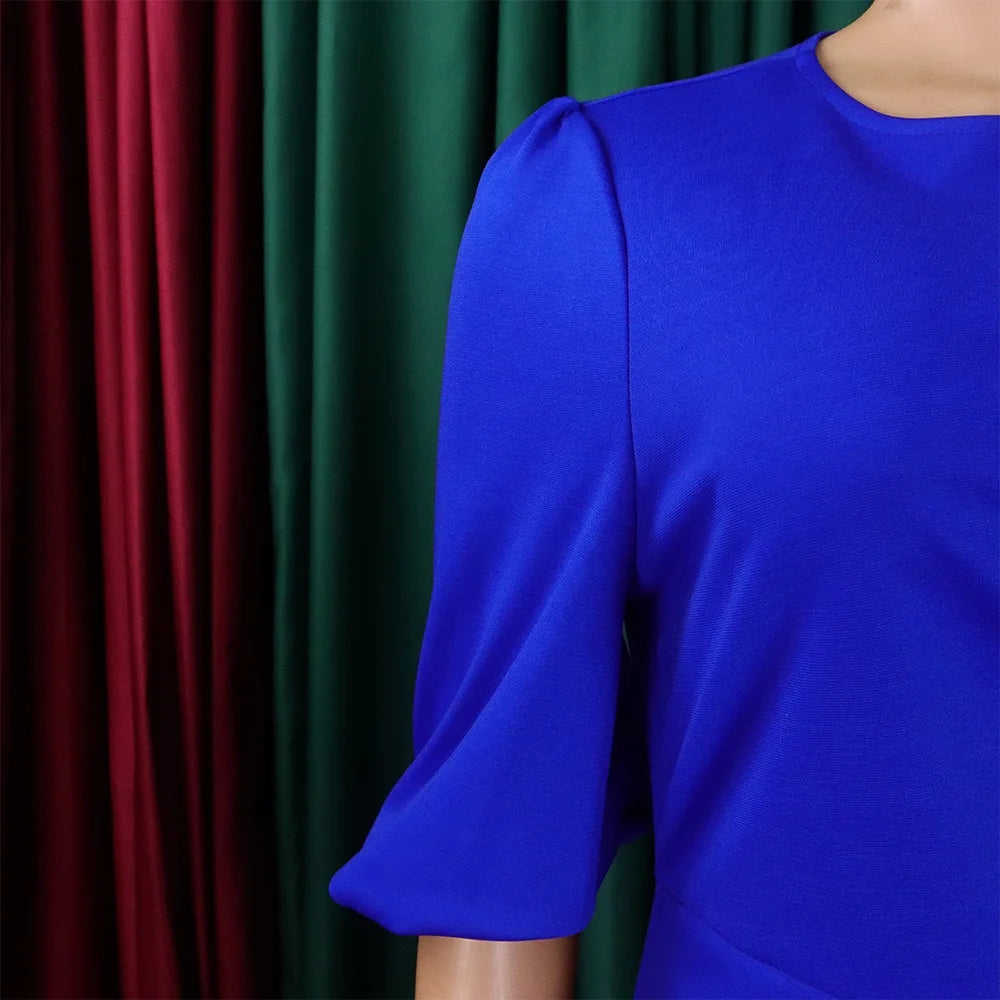 Elegant Office Ladies Dresses O Neck Short Sleeve Sheath Straight Mid Calf Solid Formal Female Business Work Wear Dress Midi New