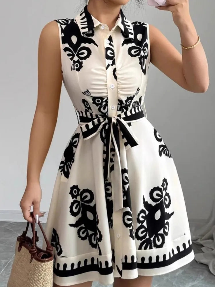 Elegant Summer Casual Sleeveless, Turn-Down Collar Dress for Women Perfect for Office & Holidays