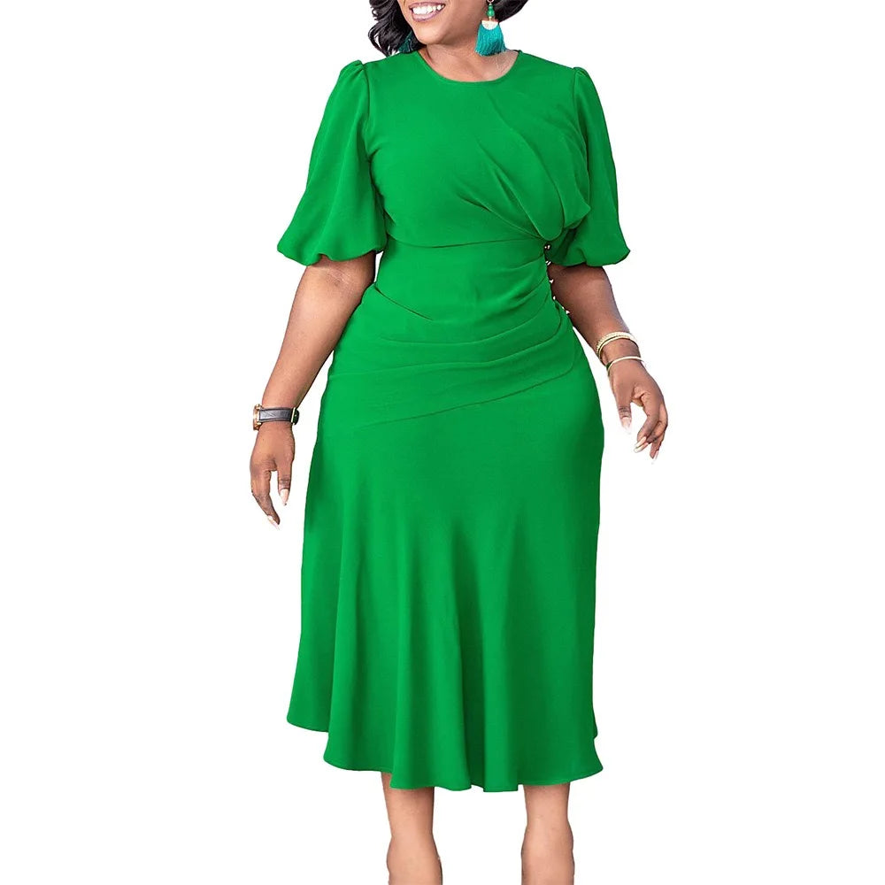 Elegant Office Ladies Dresses O Neck Short Sleeve Sheath Straight Mid Calf Solid Formal Female Business Work Wear Dress Midi New