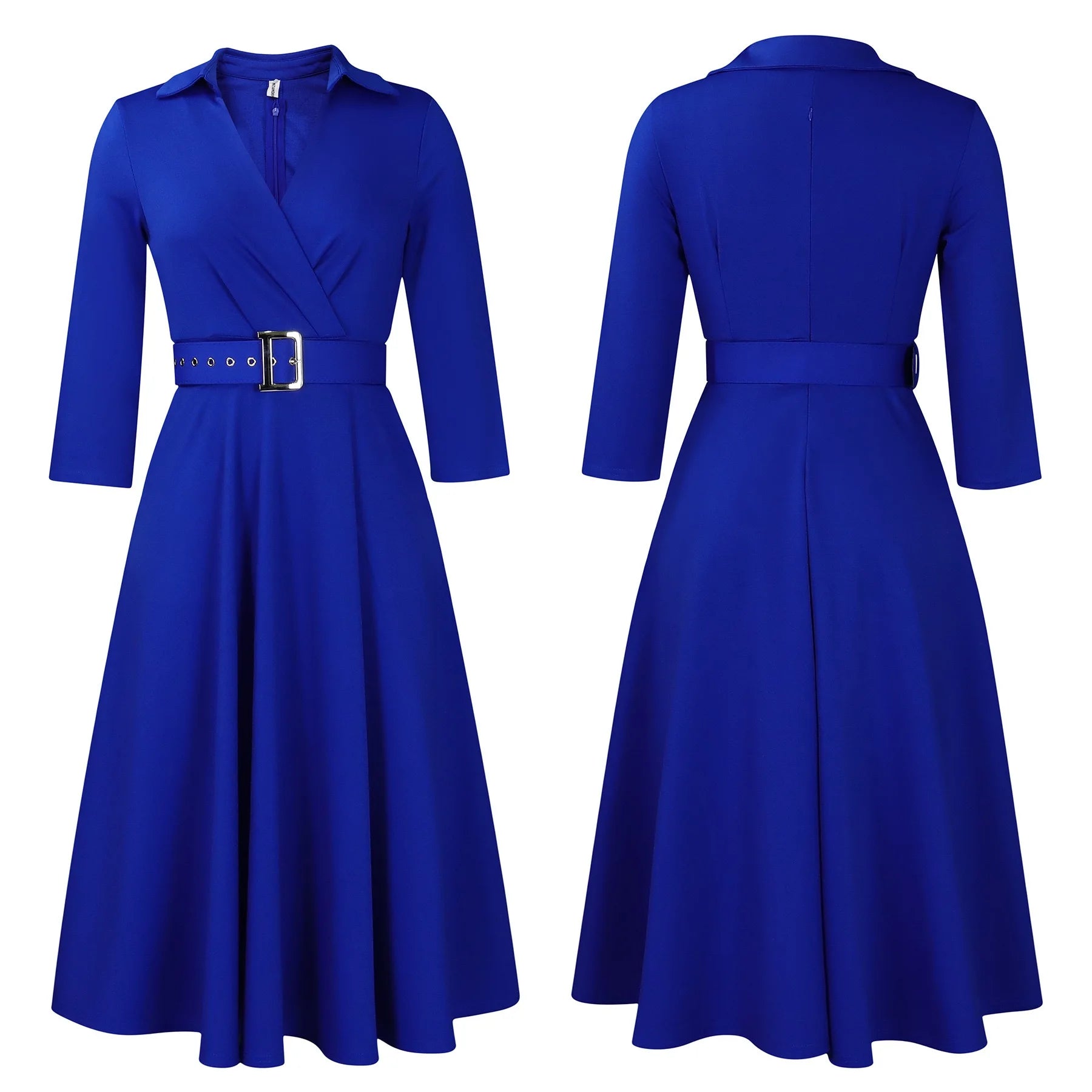 Fashion Office Dresses for Women Turn Down Collar V Neck Belt Waisted Pleated Mid Calf Elegant African Business Work Dress Cloth