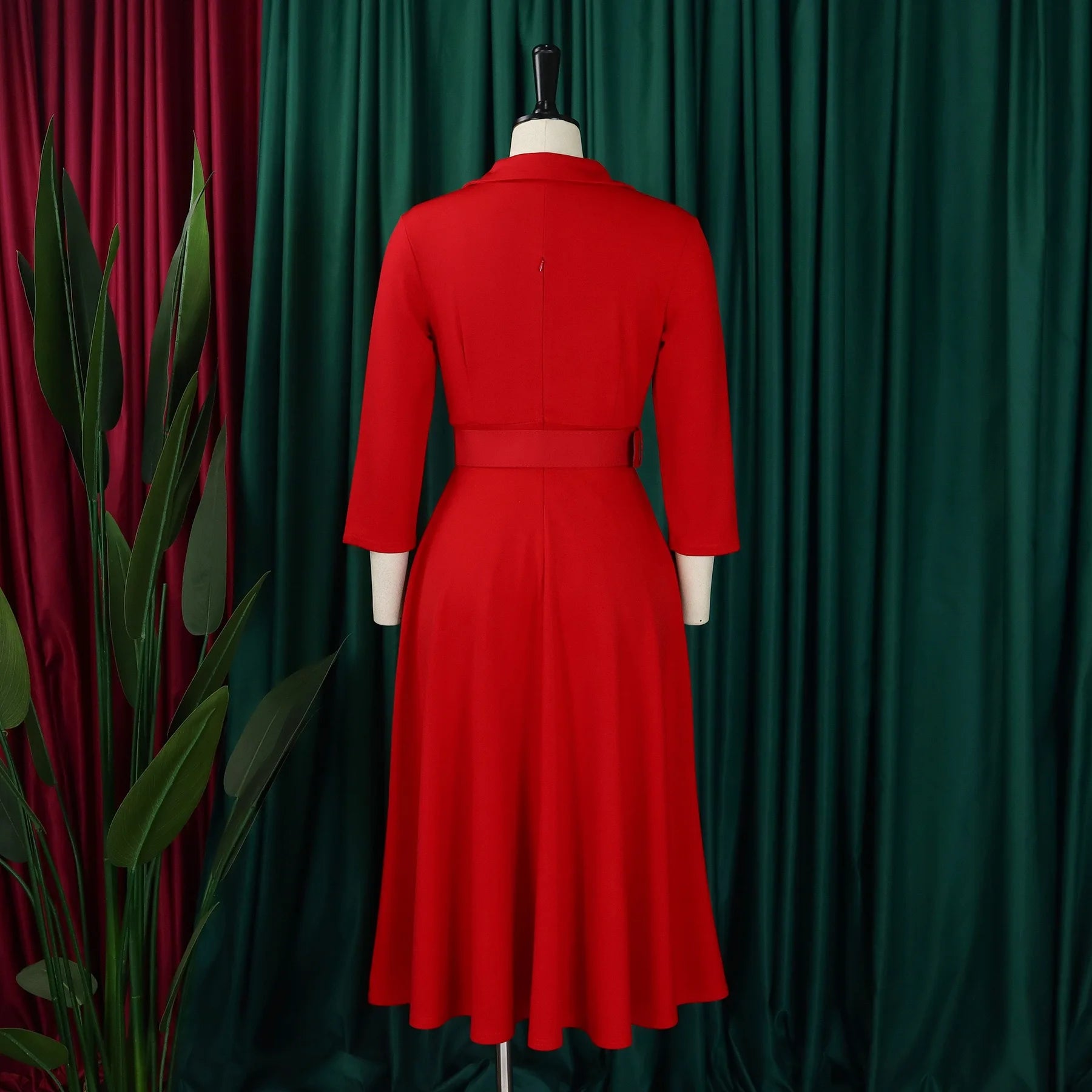 Fashion Office Dresses for Women Turn Down Collar V Neck Belt Waisted Pleated Mid Calf Elegant African Business Work Dress Cloth