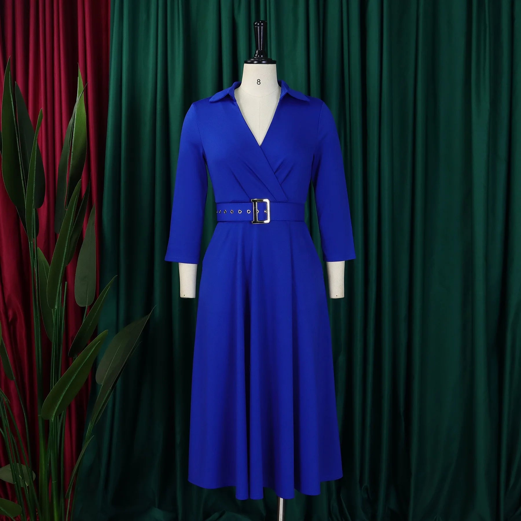 Fashion Office Dresses for Women Turn Down Collar V Neck Belt Waisted Pleated Mid Calf Elegant African Business Work Dress Cloth