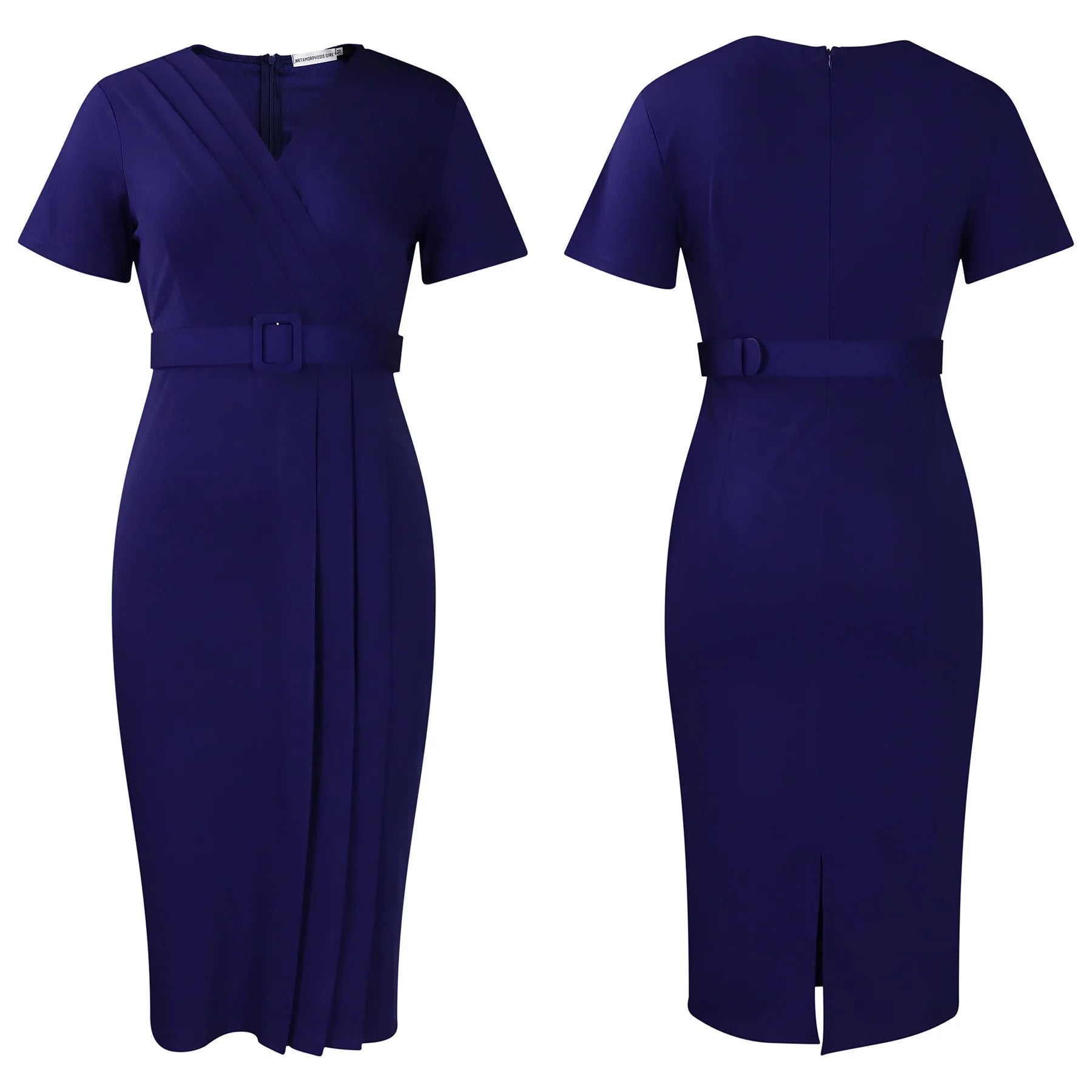 Elegant Office Dresses for Women V Neck Short Sleeve Belt Waisted Pleated Mid Calf Formal Business Work Wear Dress Midi Clothes