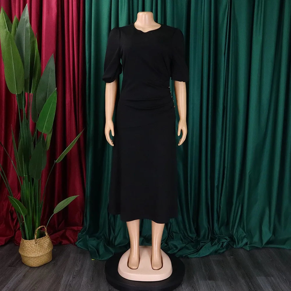 Elegant Office Ladies Dresses O Neck Short Sleeve Sheath Straight Mid Calf Solid Formal Female Business Work Wear Dress Midi New