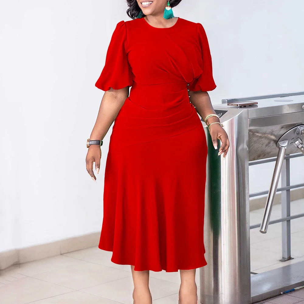 Elegant Office Ladies Dresses O Neck Short Sleeve Sheath Straight Mid Calf Solid Formal Female Business Work Wear Dress Midi New