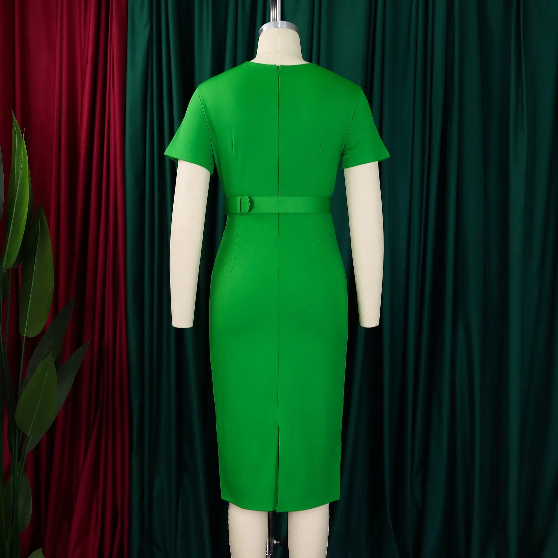Elegant Office Dresses for Women V Neck Short Sleeve Belt Waisted Pleated Mid Calf Formal Business Work Wear Dress Midi Clothes