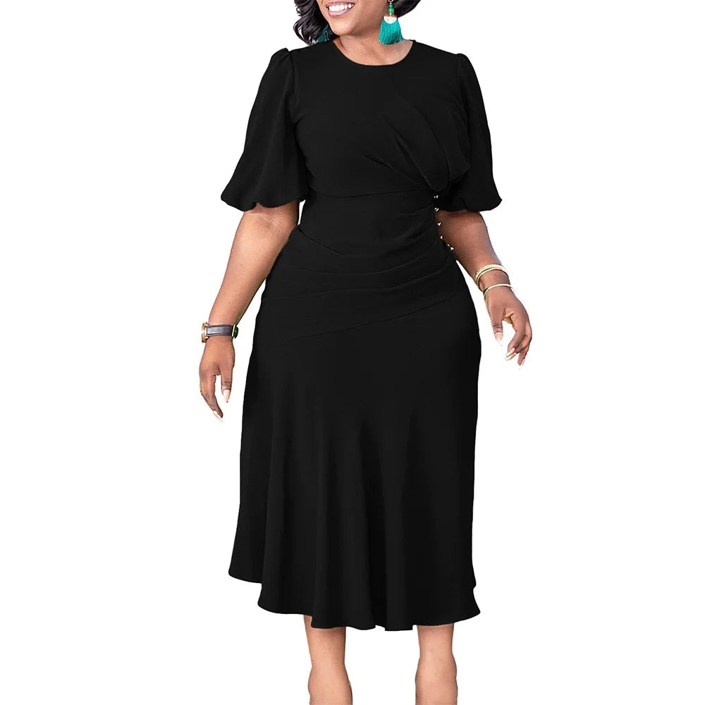 Elegant Office Ladies Dresses O Neck Short Sleeve Sheath Straight Mid Calf Solid Formal Female Business Work Wear Dress Midi New