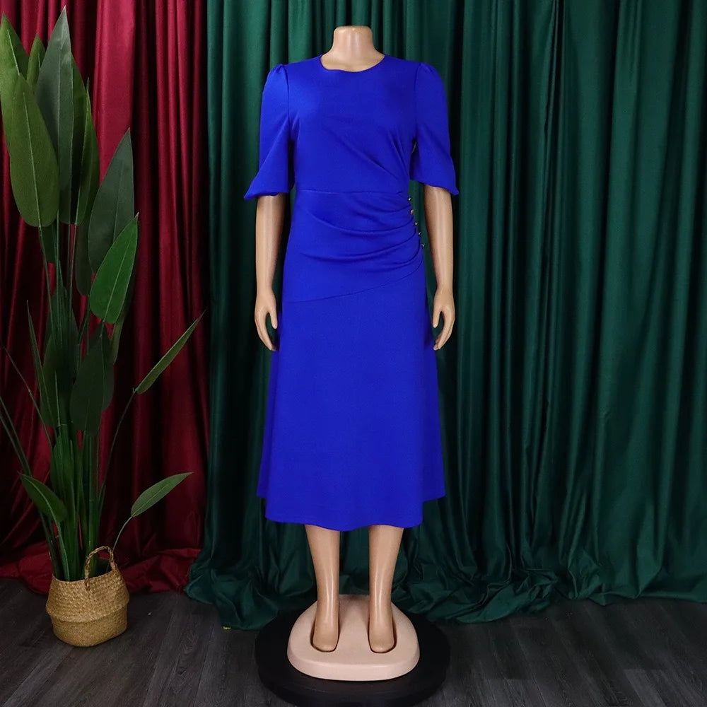 Elegant Office Ladies Dresses O Neck Short Sleeve Sheath Straight Mid Calf Solid Formal Female Business Work Wear Dress Midi New