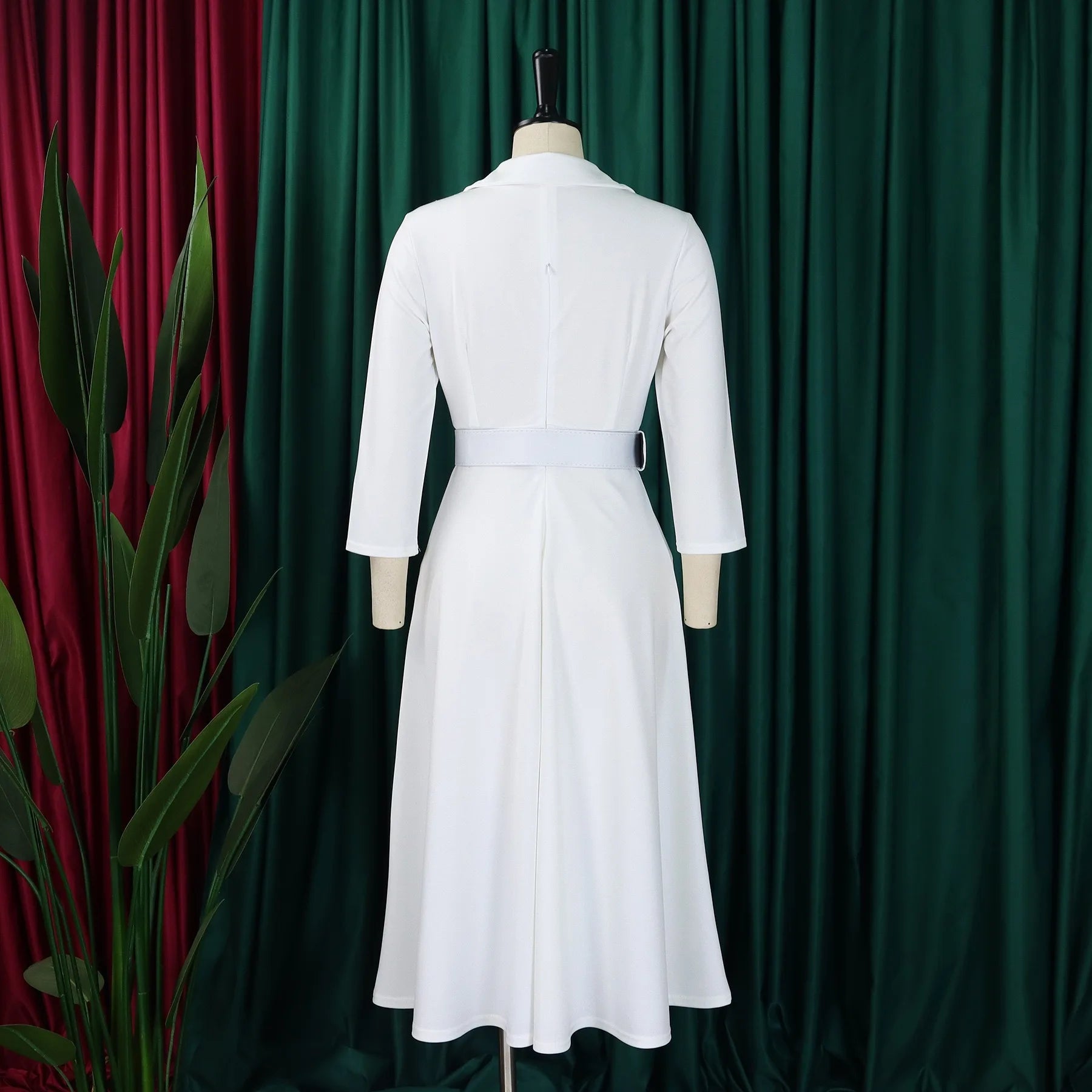 Fashion Office Dresses for Women Turn Down Collar V Neck Belt Waisted Pleated Mid Calf Elegant African Business Work Dress Cloth