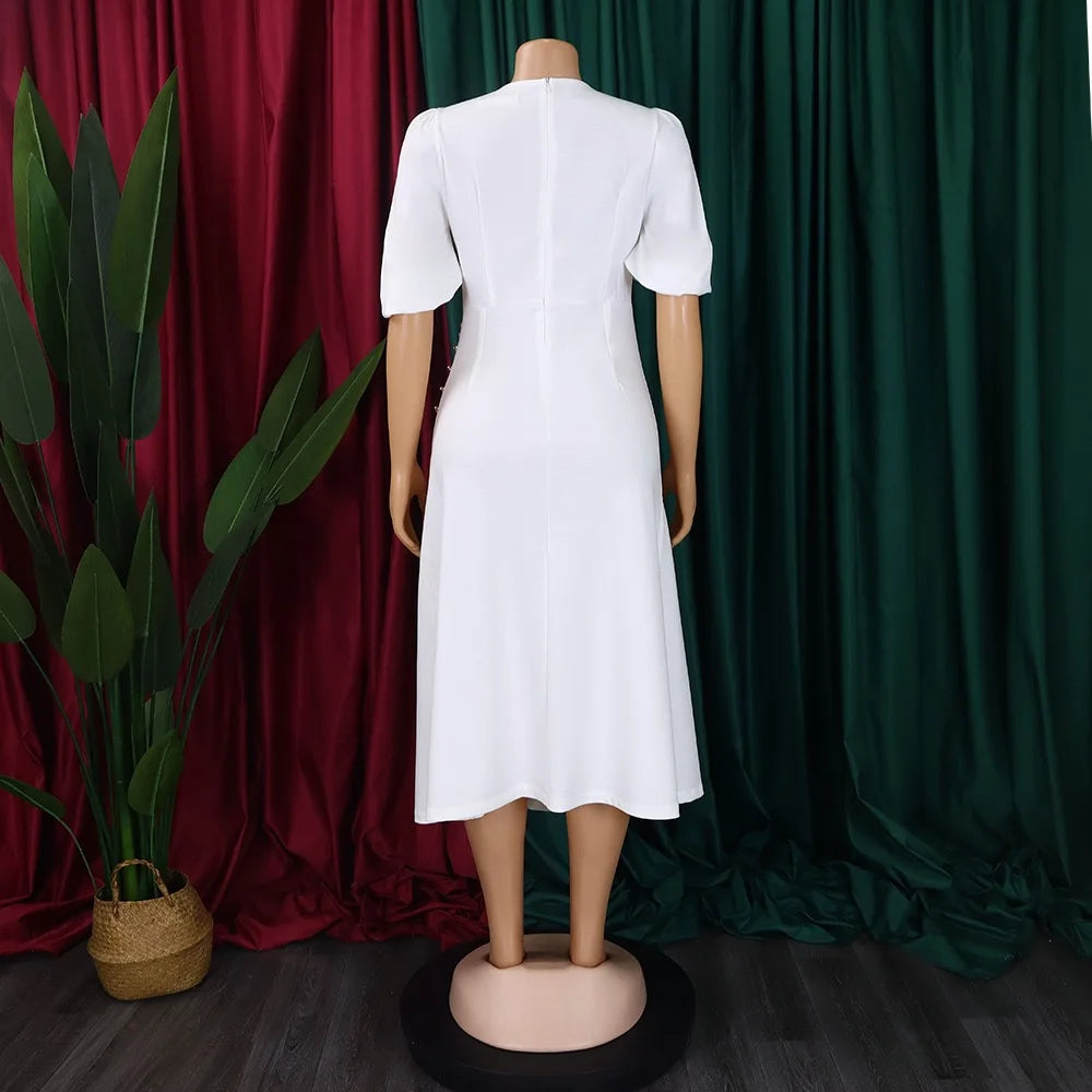 Elegant Office Ladies Dresses O Neck Short Sleeve Sheath Straight Mid Calf Solid Formal Female Business Work Wear Dress Midi New
