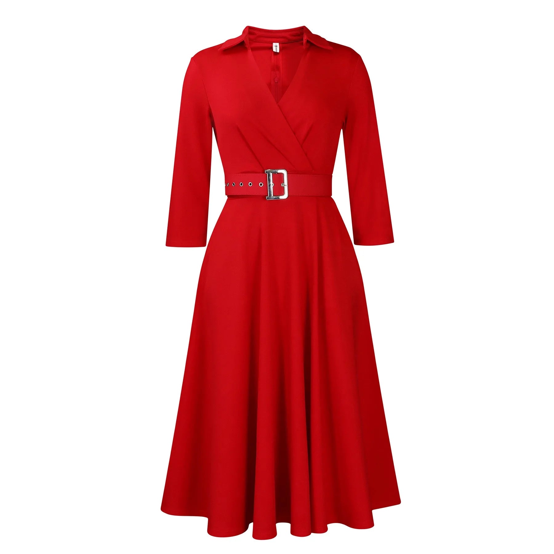 Fashion Office Dresses for Women Turn Down Collar V Neck Belt Waisted Pleated Mid Calf Elegant African Business Work Dress Cloth