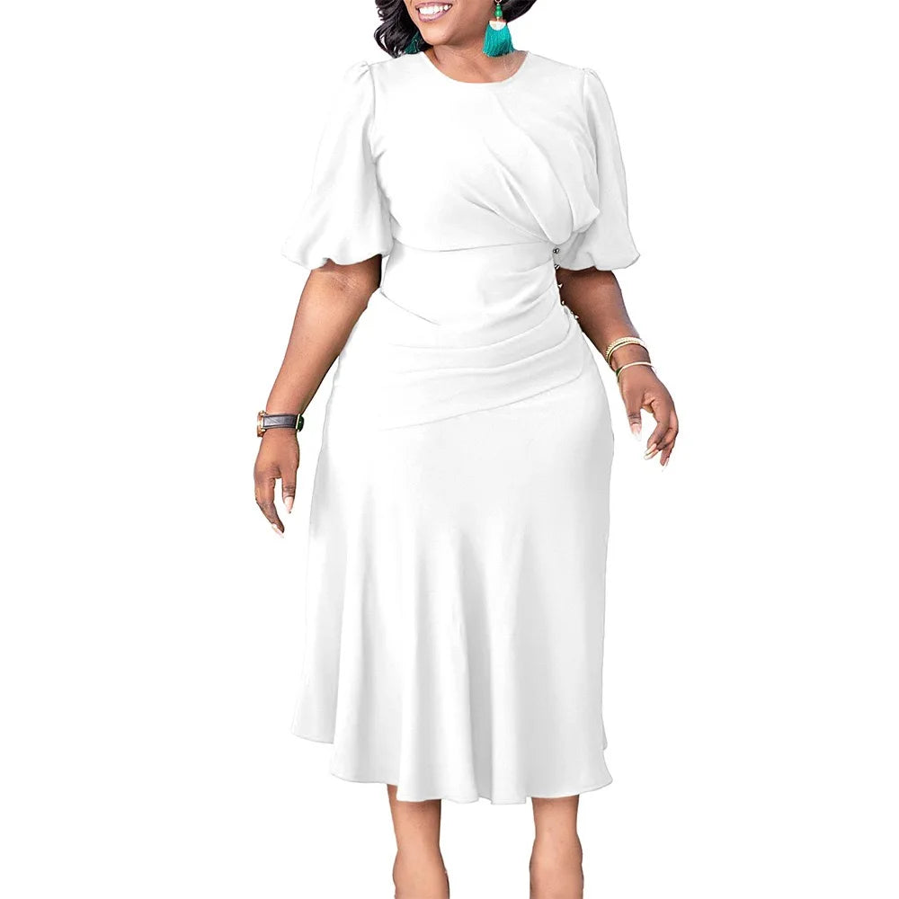 Elegant Office Ladies Dresses O Neck Short Sleeve Sheath Straight Mid Calf Solid Formal Female Business Work Wear Dress Midi New