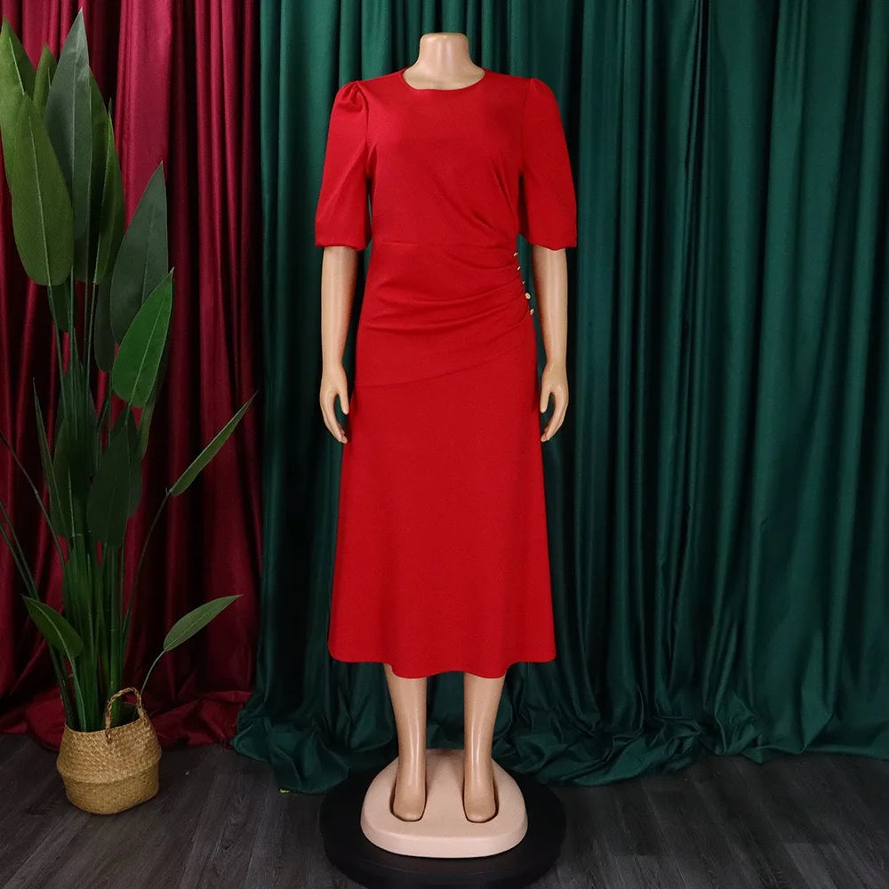 Elegant Office Ladies Dresses O Neck Short Sleeve Sheath Straight Mid Calf Solid Formal Female Business Work Wear Dress Midi New