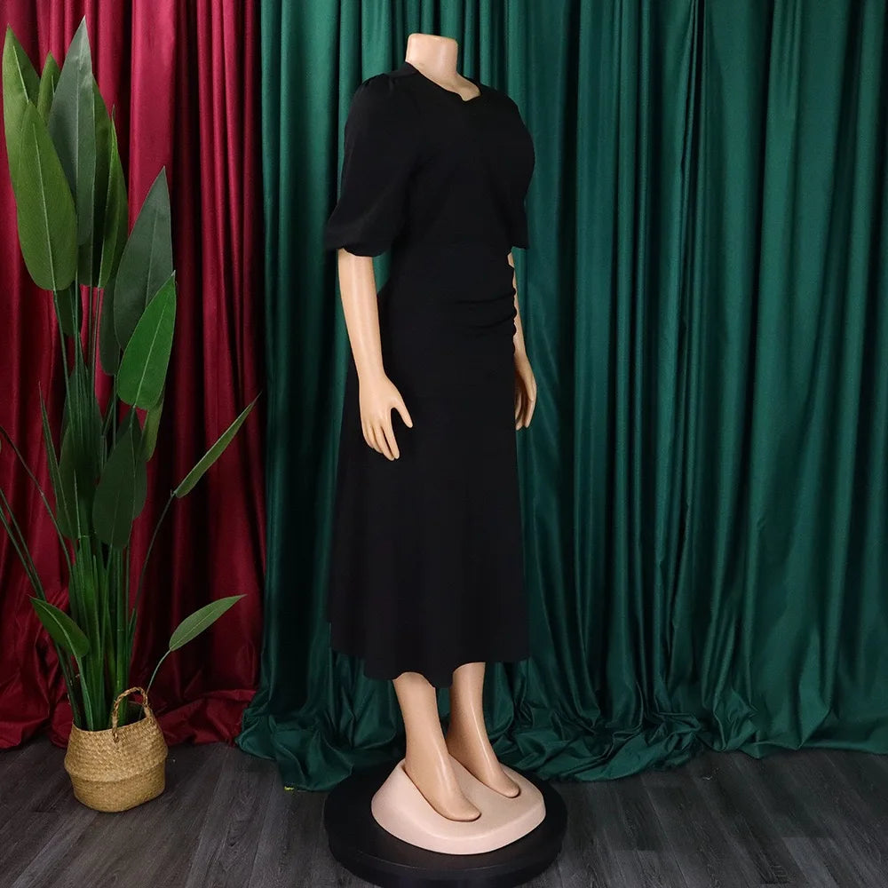 Elegant Office Ladies Dresses O Neck Short Sleeve Sheath Straight Mid Calf Solid Formal Female Business Work Wear Dress Midi New