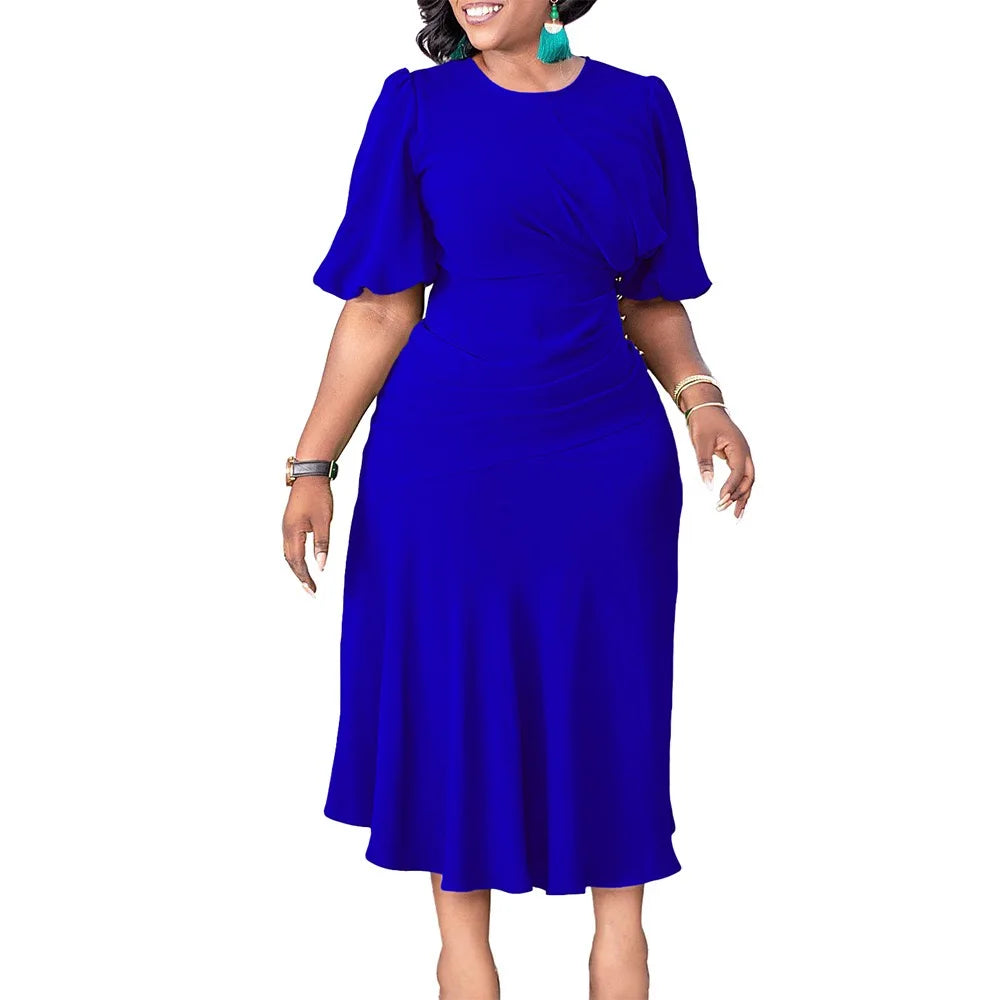 Elegant Office Ladies Dresses O Neck Short Sleeve Sheath Straight Mid Calf Solid Formal Female Business Work Wear Dress Midi New