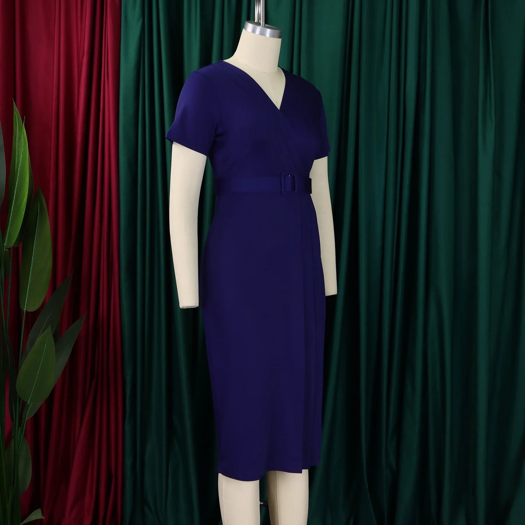 Elegant Office Dresses for Women V Neck Short Sleeve Belt Waisted Pleated Mid Calf Formal Business Work Wear Dress Midi Clothes