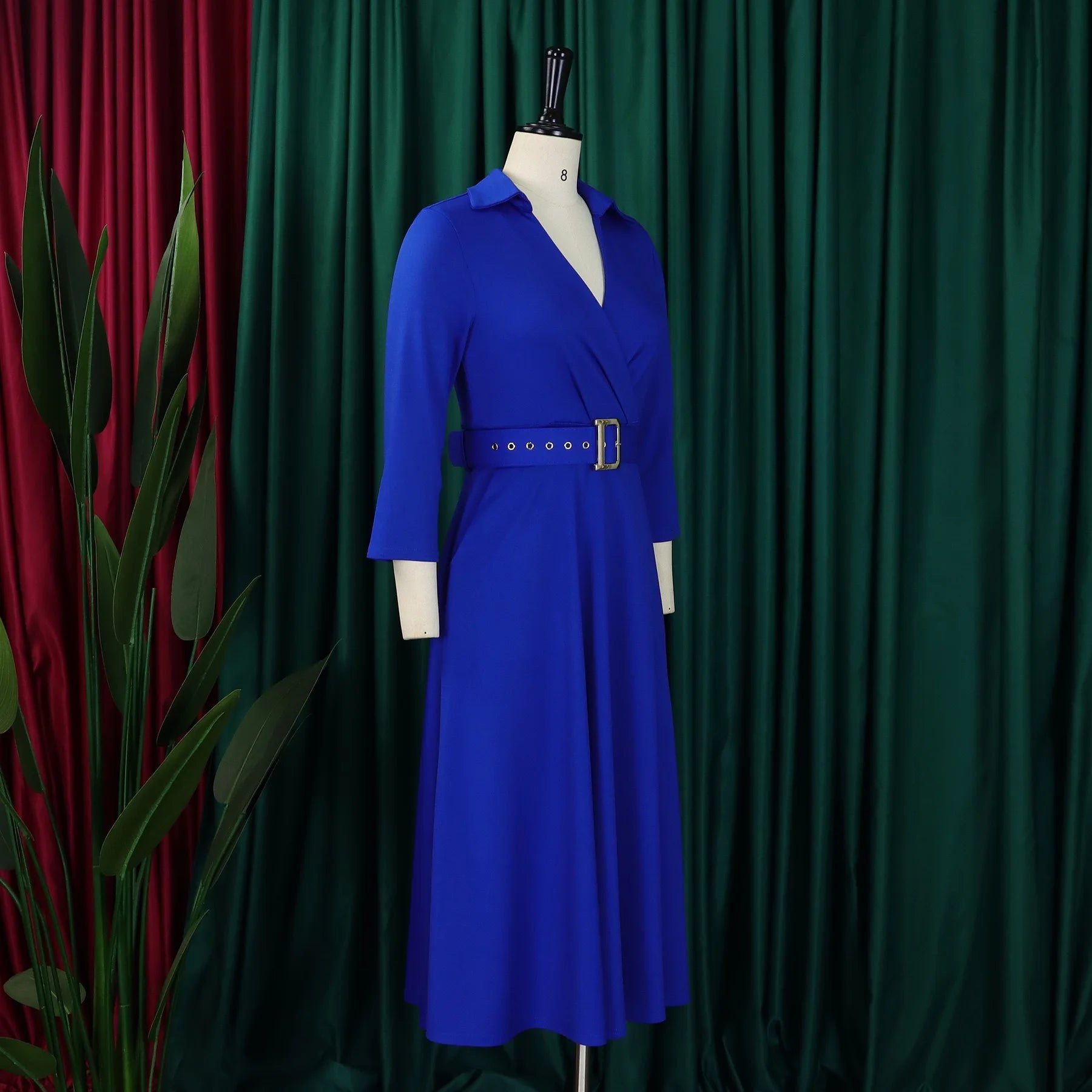 Fashion Office Dresses for Women Turn Down Collar V Neck Belt Waisted Pleated Mid Calf Elegant African Business Work Dress Cloth