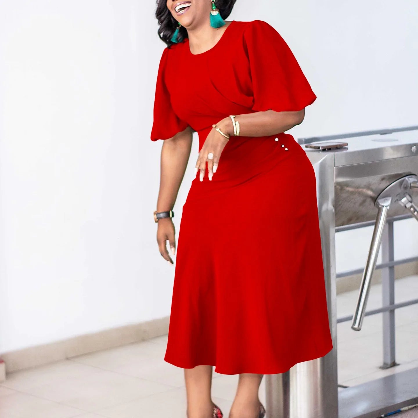Elegant Office Ladies Dresses O Neck Short Sleeve Sheath Straight Mid Calf Solid Formal Female Business Work Wear Dress Midi New