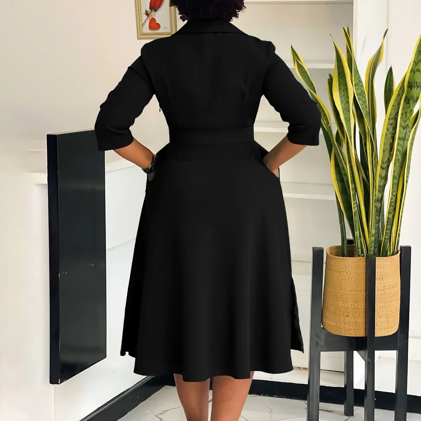 Fashion Office Dresses for Women Turn Down Collar V Neck Belt Waisted Pleated Mid Calf Elegant African Business Work Dress Cloth