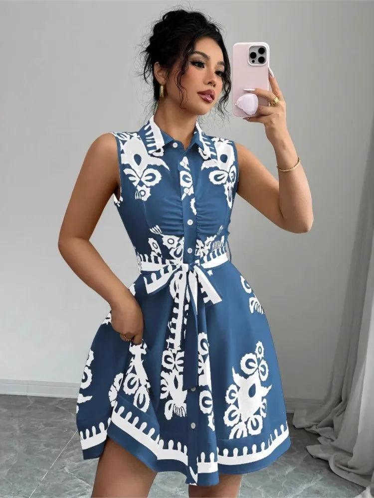 Elegant Summer Casual Sleeveless, Turn-Down Collar Dress for Women Perfect for Office & Holidays