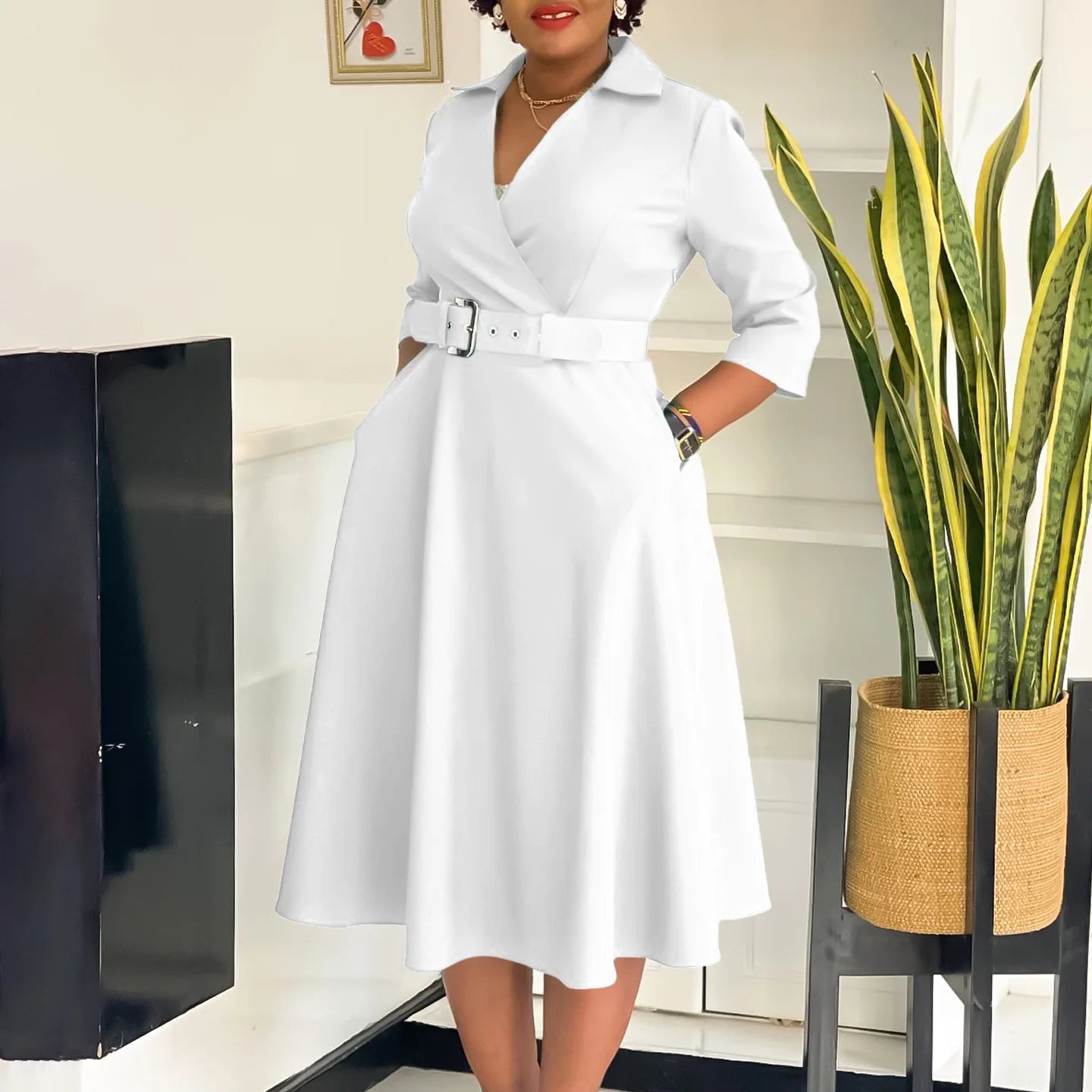 Fashion Office Dresses for Women Turn Down Collar V Neck Belt Waisted Pleated Mid Calf Elegant African Business Work Dress Cloth