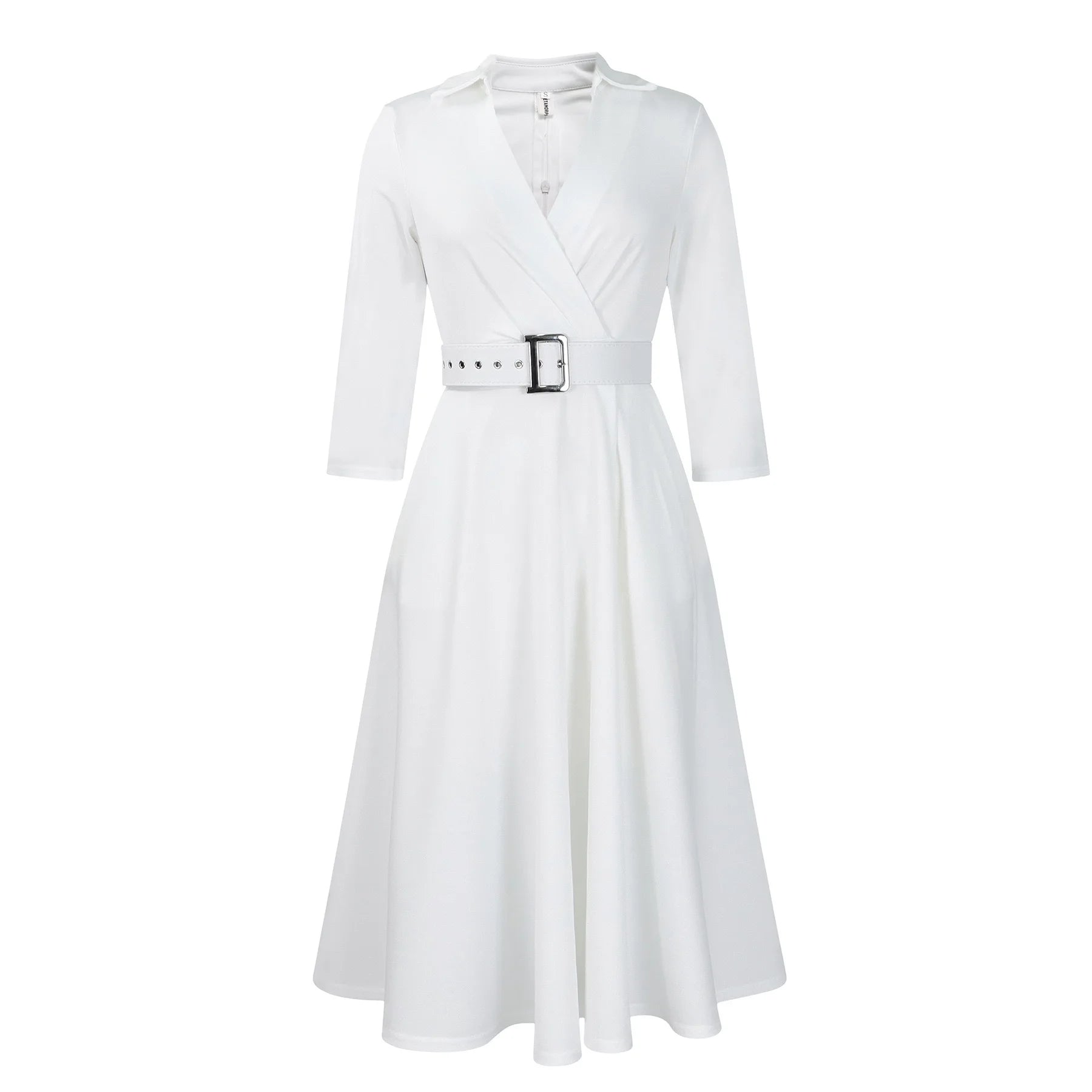 Fashion Office Dresses for Women Turn Down Collar V Neck Belt Waisted Pleated Mid Calf Elegant African Business Work Dress Cloth