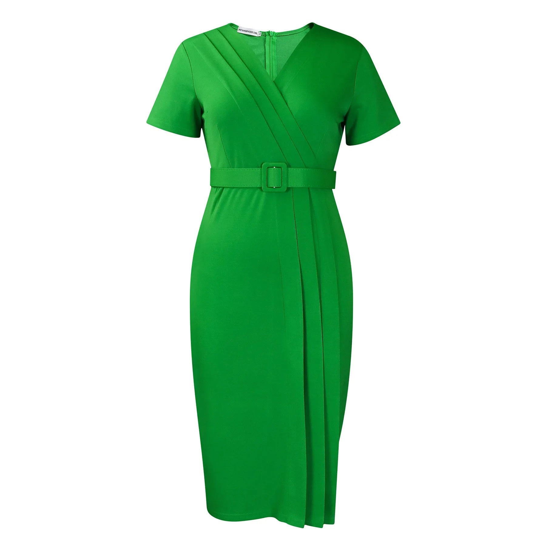 Elegant Office Dresses for Women V Neck Short Sleeve Belt Waisted Pleated Mid Calf Formal Business Work Wear Dress Midi Clothes