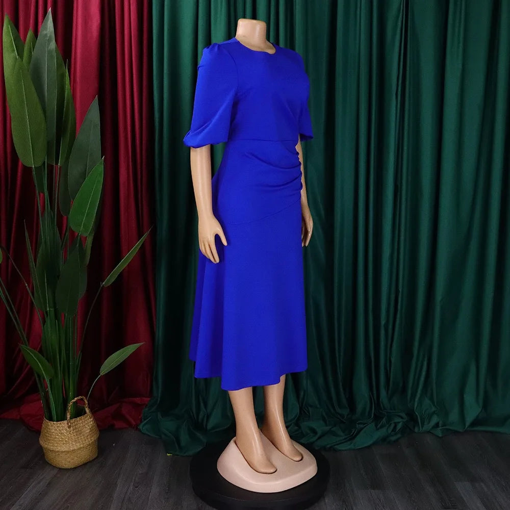 Elegant Office Ladies Dresses O Neck Short Sleeve Sheath Straight Mid Calf Solid Formal Female Business Work Wear Dress Midi New
