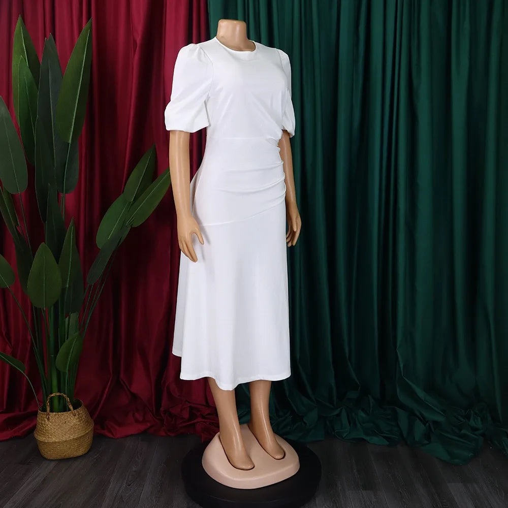 Elegant Office Ladies Dresses O Neck Short Sleeve Sheath Straight Mid Calf Solid Formal Female Business Work Wear Dress Midi New
