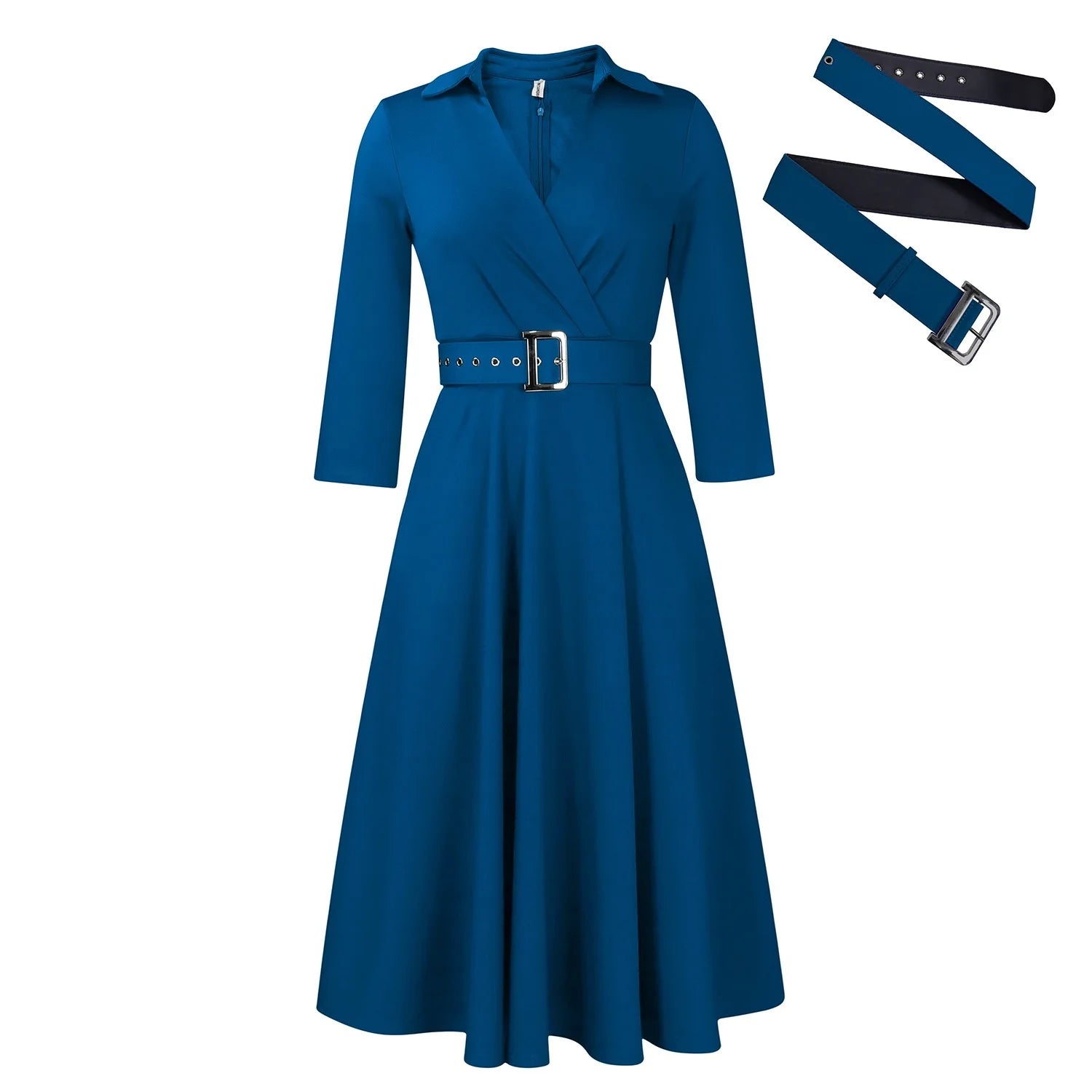 Fashion Office Dresses for Women Turn Down Collar V Neck Belt Waisted Pleated Mid Calf Elegant African Business Work Dress Cloth