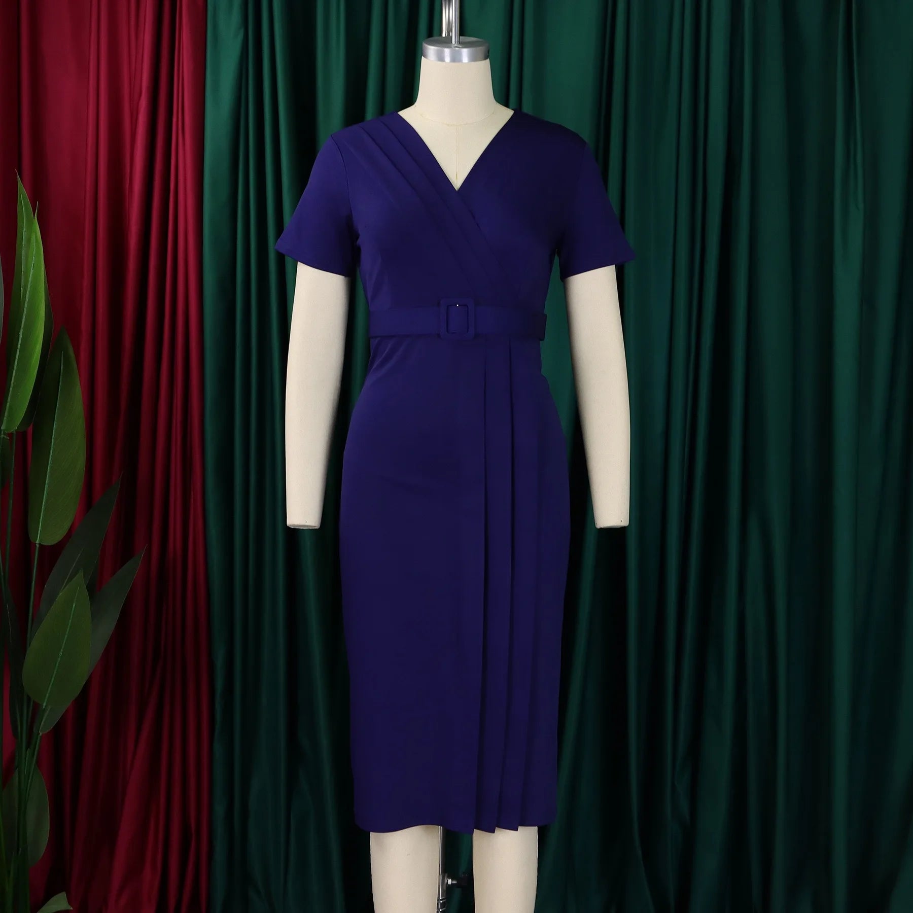 Elegant Office Dresses for Women V Neck Short Sleeve Belt Waisted Pleated Mid Calf Formal Business Work Wear Dress Midi Clothes