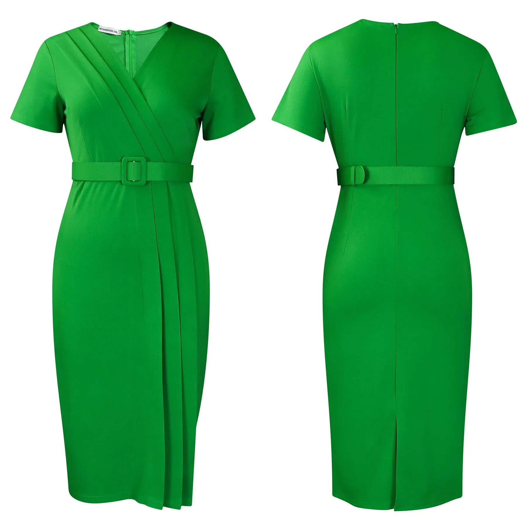 Elegant Office Dresses for Women V Neck Short Sleeve Belt Waisted Pleated Mid Calf Formal Business Work Wear Dress Midi Clothes