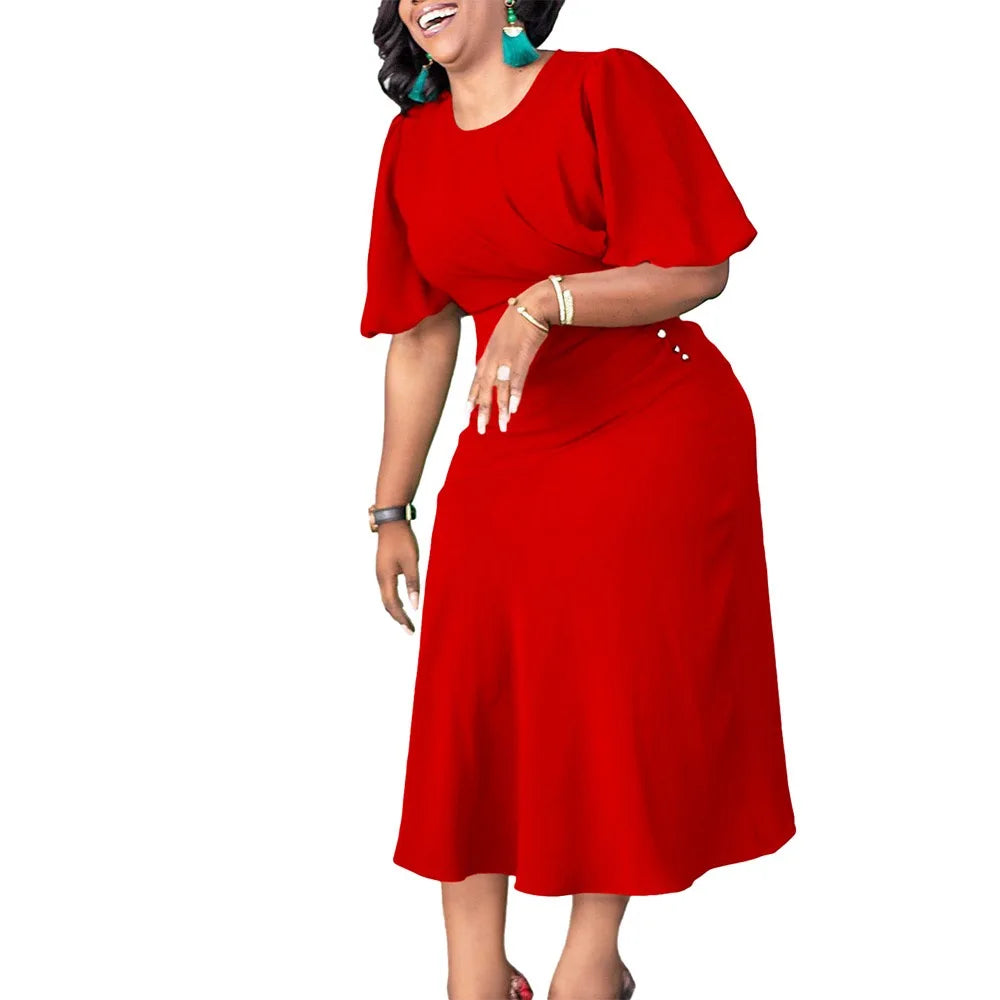 Elegant Office Ladies Dresses O Neck Short Sleeve Sheath Straight Mid Calf Solid Formal Female Business Work Wear Dress Midi New