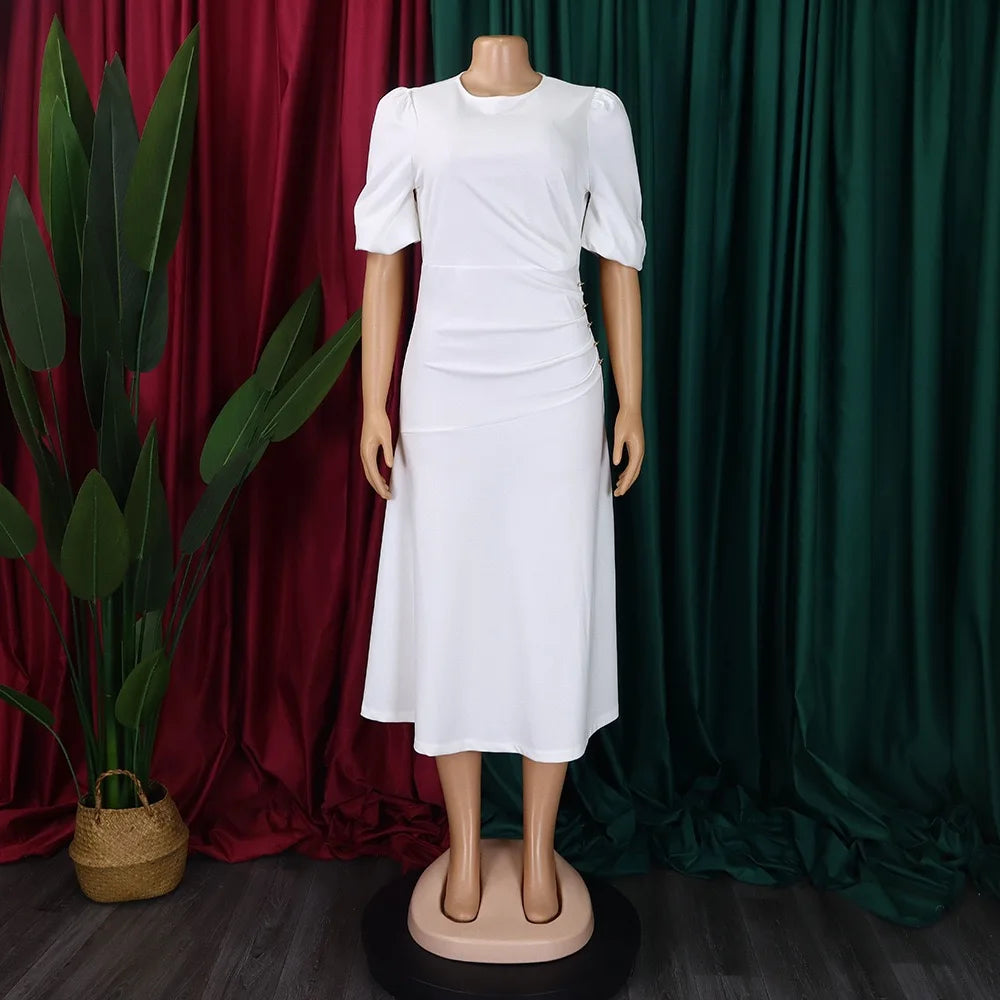 Elegant Office Ladies Dresses O Neck Short Sleeve Sheath Straight Mid Calf Solid Formal Female Business Work Wear Dress Midi New