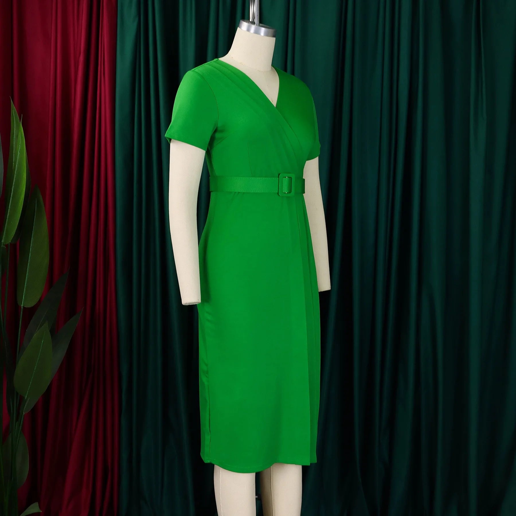 Elegant Office Dresses for Women V Neck Short Sleeve Belt Waisted Pleated Mid Calf Formal Business Work Wear Dress Midi Clothes