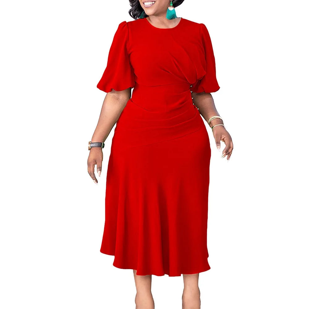 Elegant Office Ladies Dresses O Neck Short Sleeve Sheath Straight Mid Calf Solid Formal Female Business Work Wear Dress Midi New