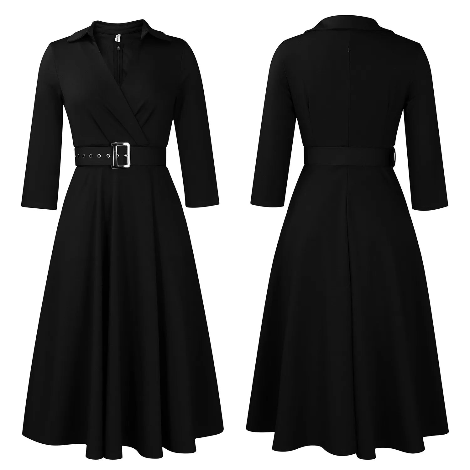 Fashion Office Dresses for Women Turn Down Collar V Neck Belt Waisted Pleated Mid Calf Elegant African Business Work Dress Cloth