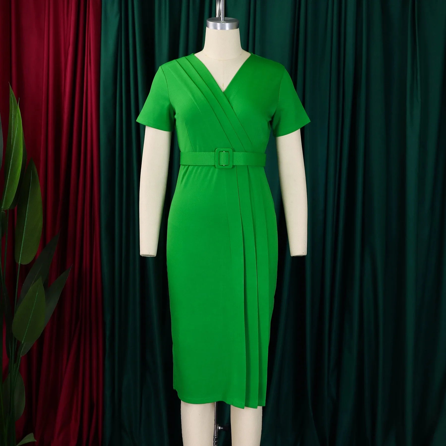 Elegant Office Dresses for Women V Neck Short Sleeve Belt Waisted Pleated Mid Calf Formal Business Work Wear Dress Midi Clothes