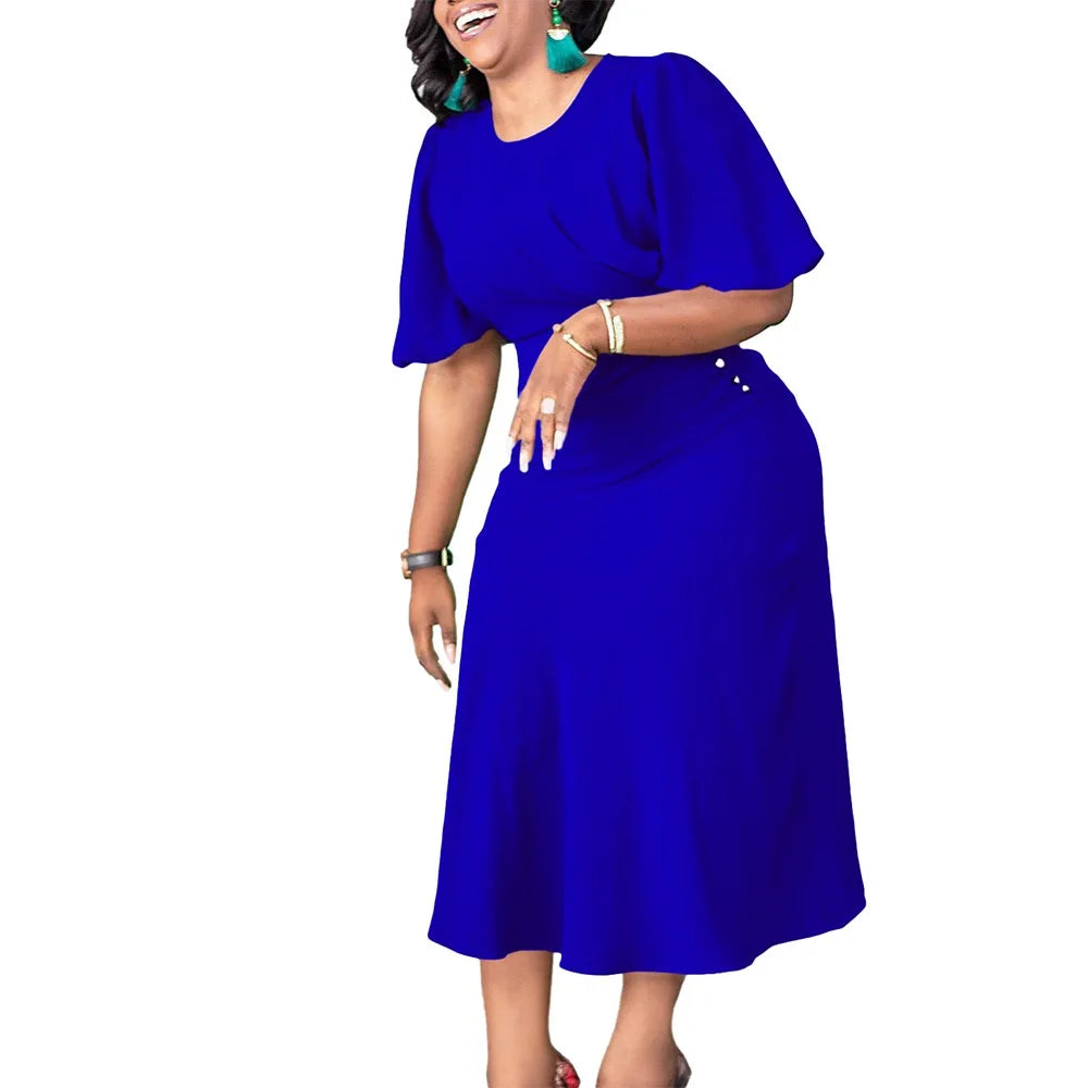 Elegant Office Ladies Dresses O Neck Short Sleeve Sheath Straight Mid Calf Solid Formal Female Business Work Wear Dress Midi New