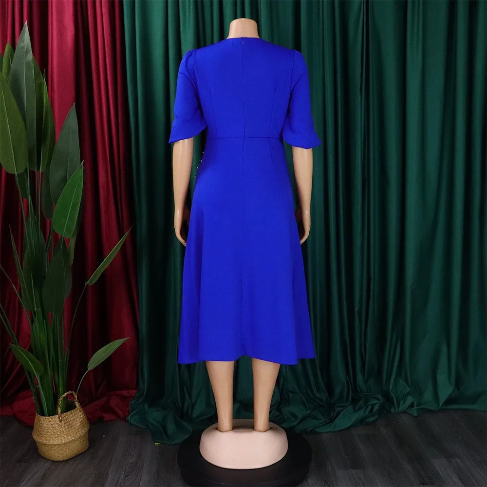 Elegant Office Ladies Dresses O Neck Short Sleeve Sheath Straight Mid Calf Solid Formal Female Business Work Wear Dress Midi New