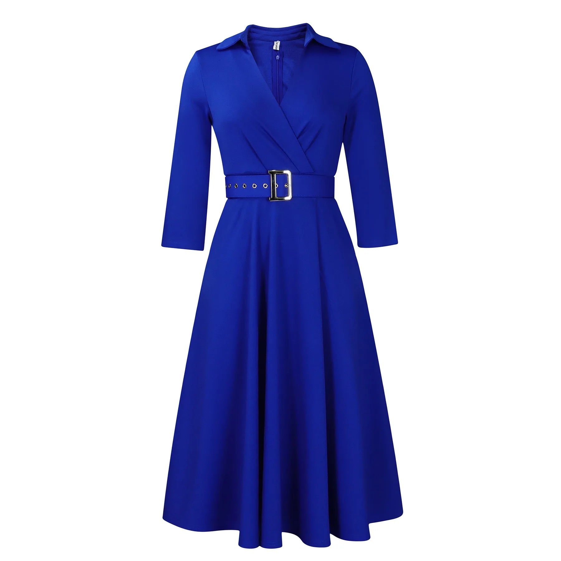 Fashion Office Dresses for Women Turn Down Collar V Neck Belt Waisted Pleated Mid Calf Elegant African Business Work Dress Cloth