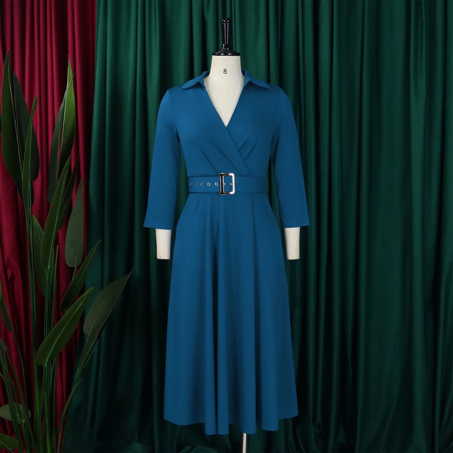 Fashion Office Dresses for Women Turn Down Collar V Neck Belt Waisted Pleated Mid Calf Elegant African Business Work Dress Cloth